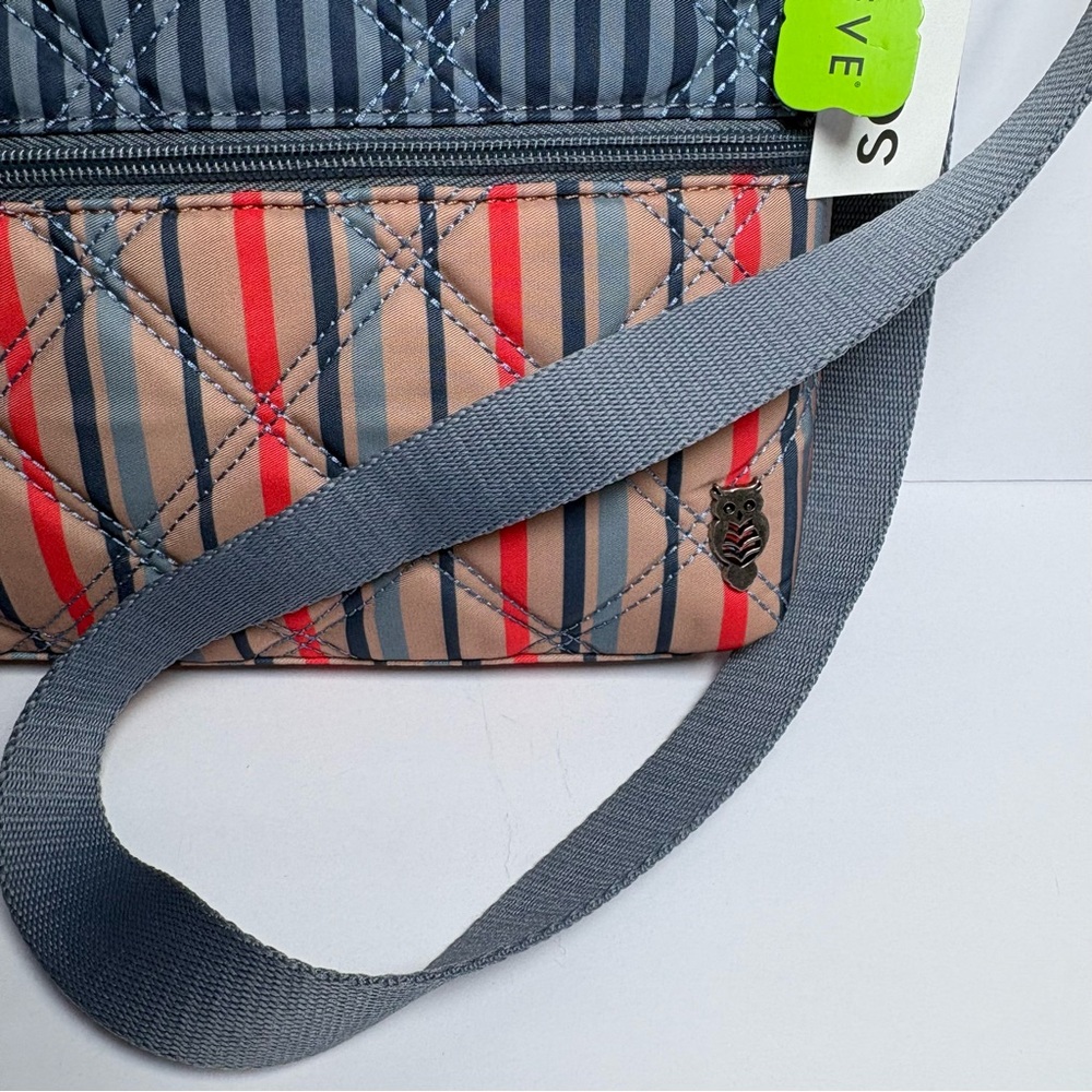 NEW SAKROOTS Artist Circle Zen Crossbody Bag Purse Vintage Stripe Triple Zip Owl - Picture 2 of 8